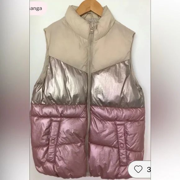 ZARA GIRL METALLIC PINK CREAM PUFFER VEST ZIP FRONT WAISTCOAT OUTERWEAR SZ 9-10 - Picture 3 of 11